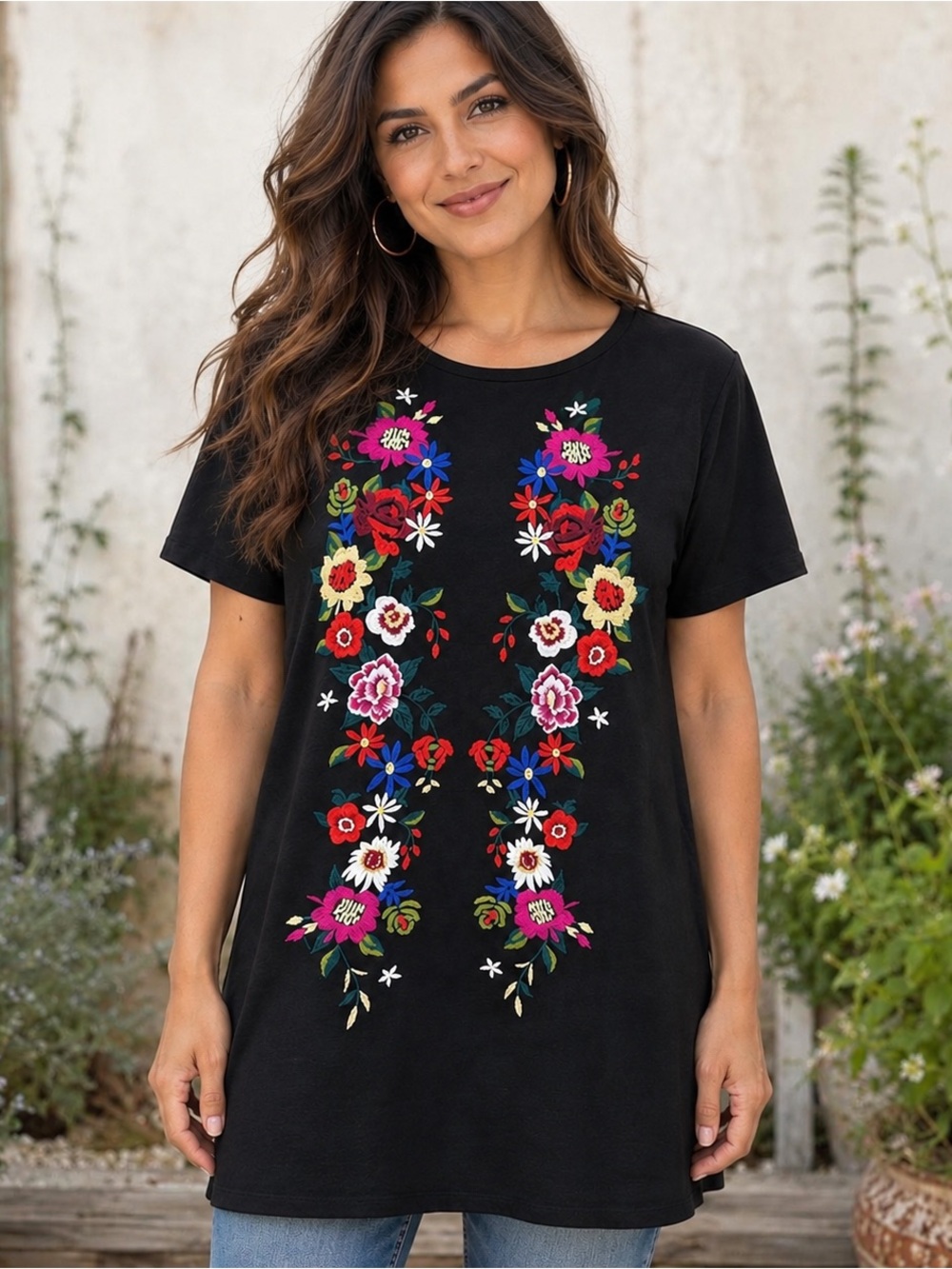 Umgee Tunic Top Womens L Black Embroidered Floral Boho Pockets Art To Wear